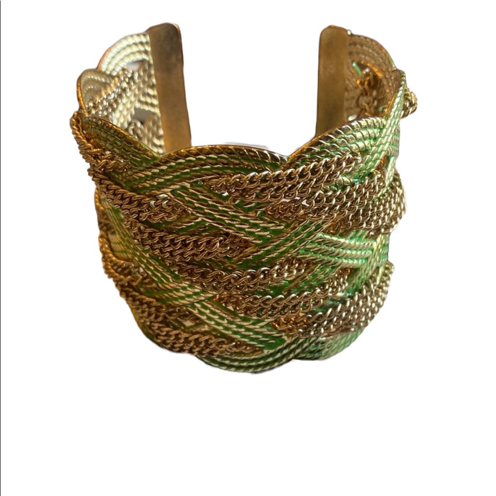 Gold with Green Woven Cuff Bracelet